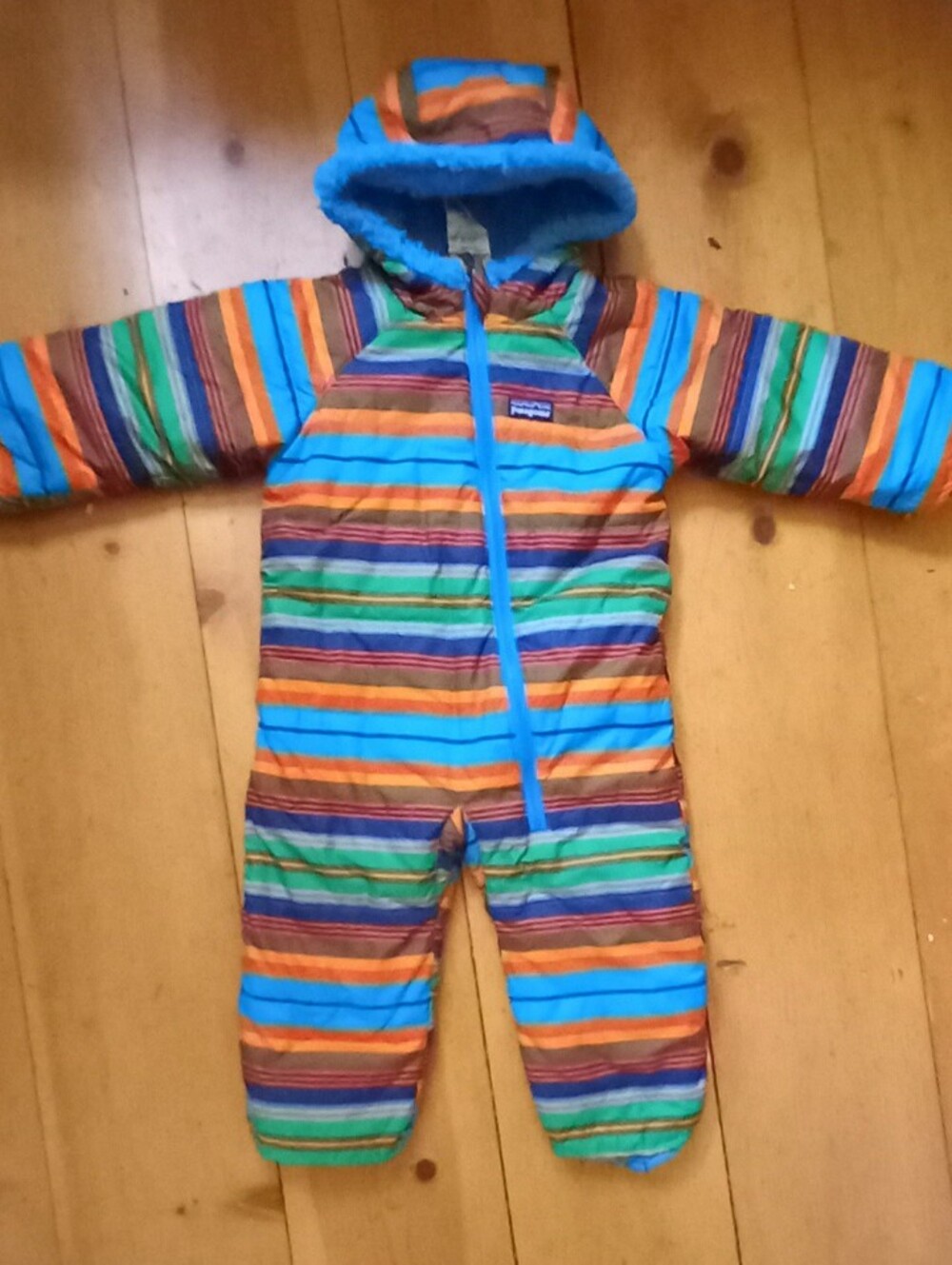 Patagonia Kids Striped Hooded Snowsuit in Blue, Orange, Green